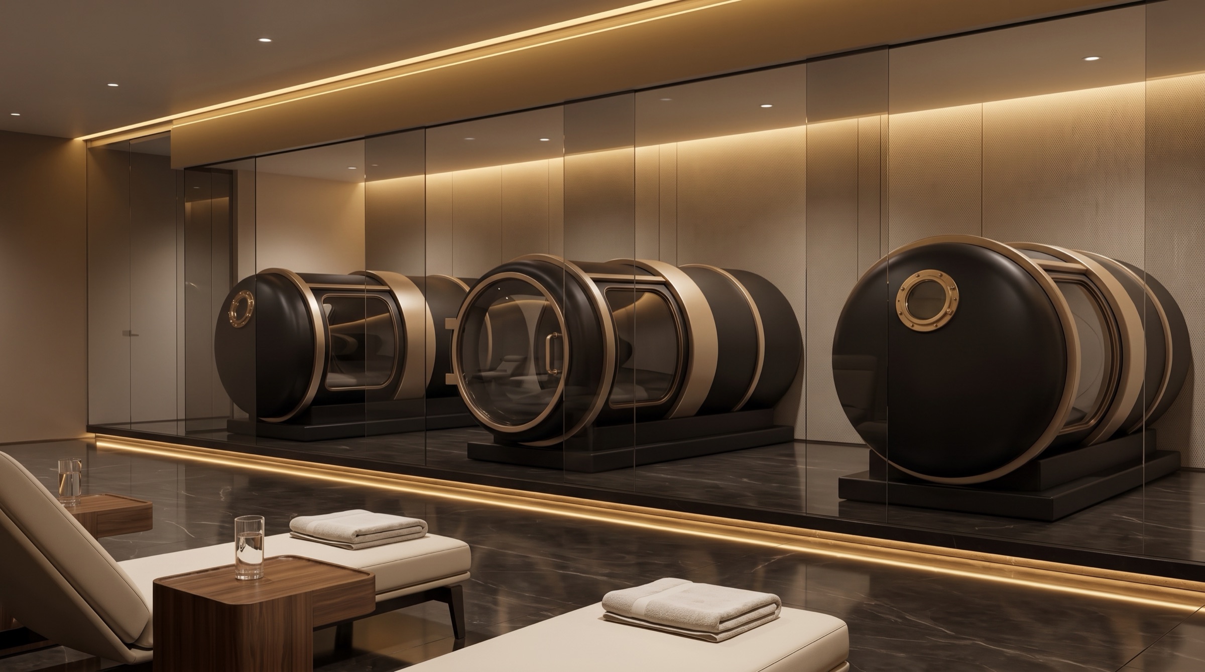 A row of premium hyperbaric chambers in a dark treatment hall